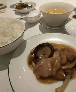 High angle view of meal served on table