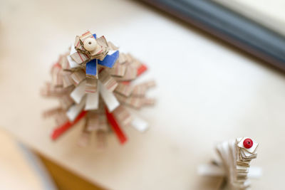 High angle view of artwork on table