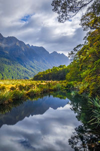 Scenic view of lake and mountains against sky