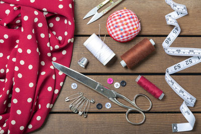 High angle view of various objects on table