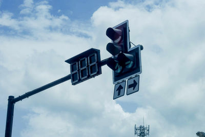 Low angle view of road sign against sky