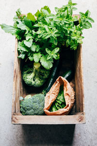 High angle view of vegetables on table