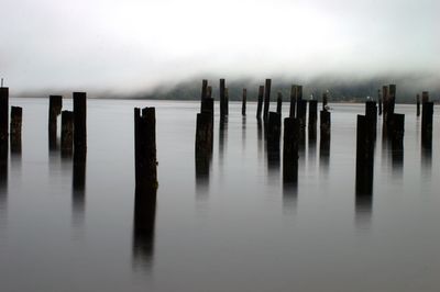 Wooden posts in sea against sky