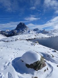 Scenic view of snowcapped mountains against sky