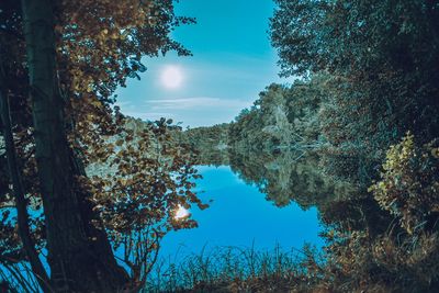 Reflection of trees in lake against sky