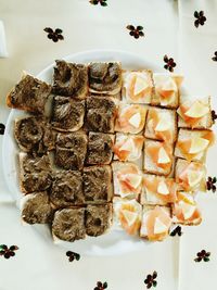 High angle close-up of sweet food served in plate on table