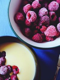 Close-up of raspberries in bowl on table