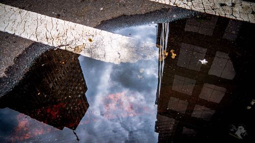 Reflection of buildings in puddle