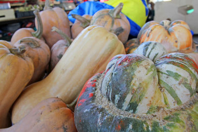 Close-up of pumpkins for sale at market stall