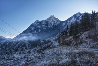 Scenic view of landscape and snowcapped mountains against clear sky