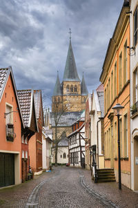 Street in warendorf with view of church of saint lawrence, germany