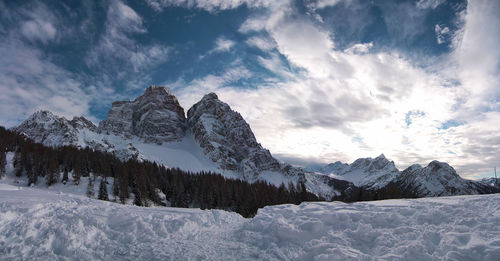 Panoramic view of snowcapped mountains against sky