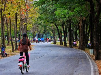 Rear view of girl riding bicycle on road in park