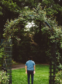 Rear view of woman walking on grass