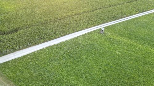 High angle view of tire tracks on field