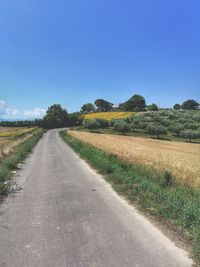 Empty road amidst field against clear sky