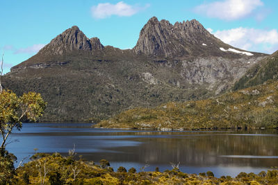 Scenic view of dove lake and mountains against sky