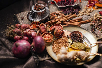 High angle view of fruits in bowl on table