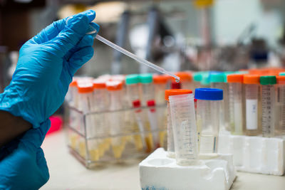 Cropped hand holding test tube in laboratory