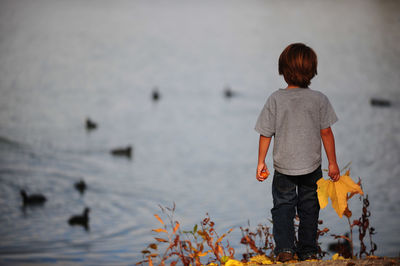 Rear view of boy standing in sea