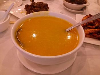 High angle view of soup in bowl on table