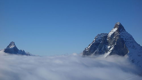 Snowcapped mountains against clear blue sky