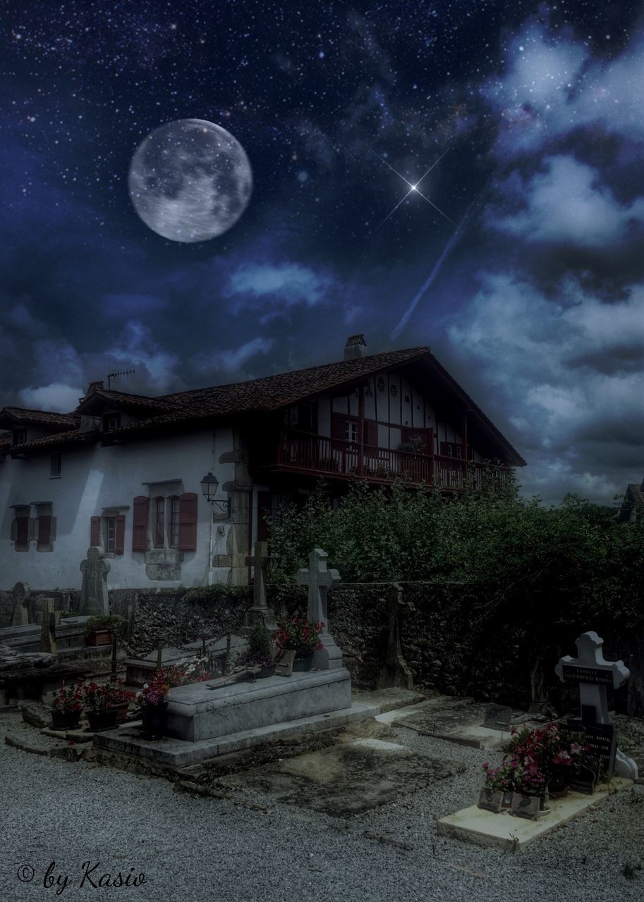 building exterior, architecture, built structure, sky, cloud - sky, night, house, cloudy, weather, residential building, residential structure, illuminated, storm cloud, cloud, moon, dusk, tree, outdoors, low angle view, street light