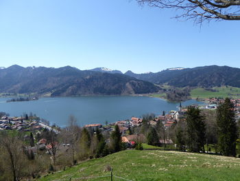 Scenic view of sea and mountains against clear sky