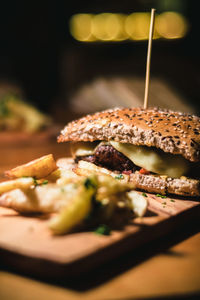 Close-up of sandwich served on table