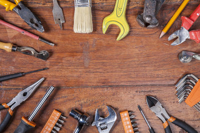 High angle view of tools on table