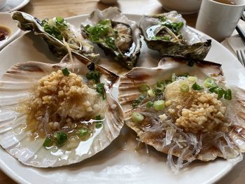 High angle view of food served on table
