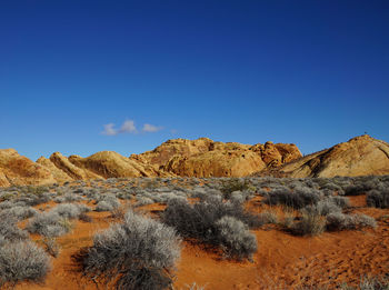 Scenic view of desert against clear blue sky