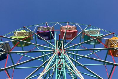 Low angle view of ferris wheel against clear blue sky