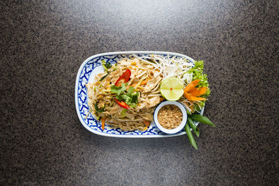 High angle view of meal served on table