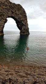 Scenic view of rock formation in sea against sky