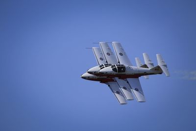 Low angle view of fighter plane flying against clear blue sky