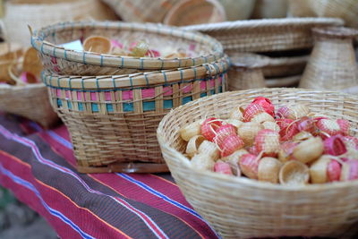 High angle view of wicker baskets for sale in market