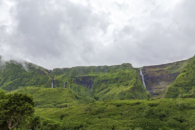 Scenic view of mountains against cloudy sky