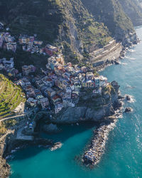 Aerial view of manarola, a beautiful travel destination along the coast of cinque terre, liguria,l