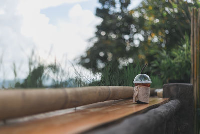 Close-up of bottle on table against trees