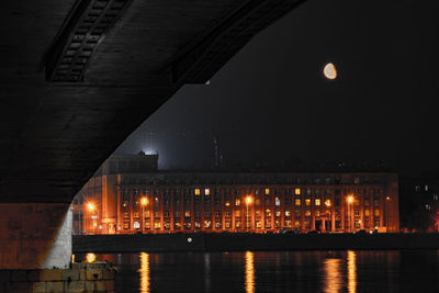 Illuminated bridge over river in city at night