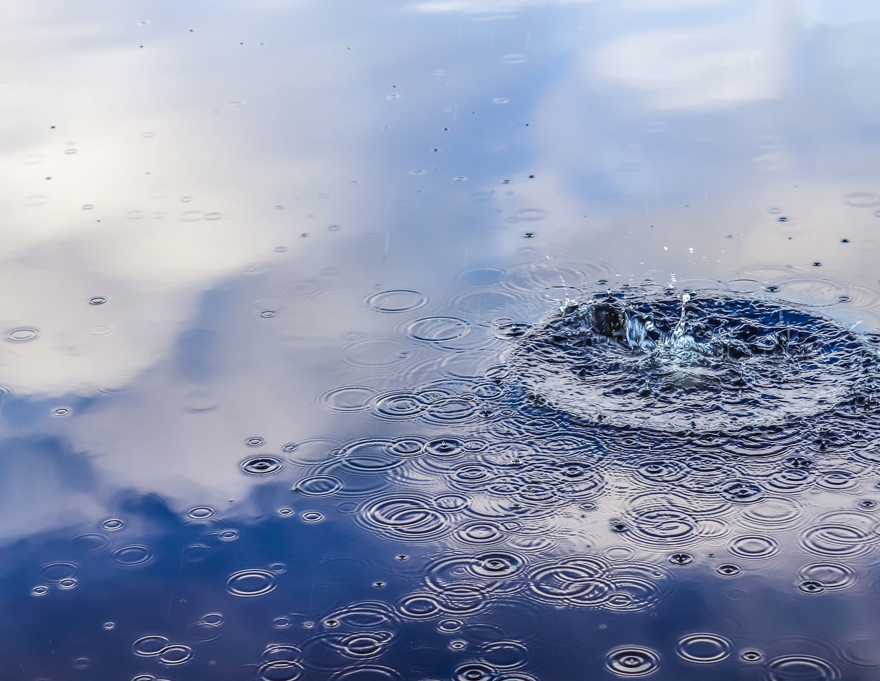 HIGH ANGLE VIEW OF RAINDROPS ON BLUE WATER