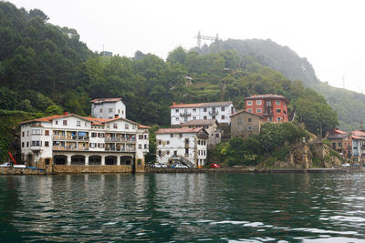 Houses by river and buildings against sky