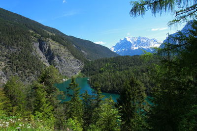 Scenic view of lake and mountains against sky