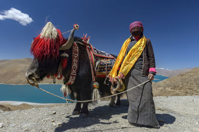 Woman standing with yak by namtso lake