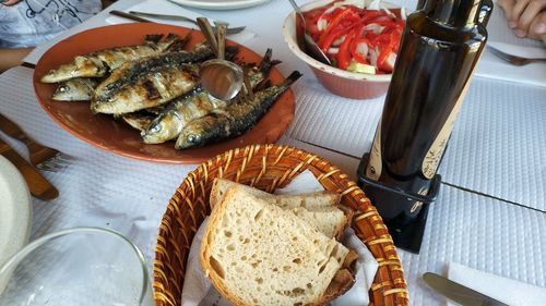 High angle view of breakfast served on table