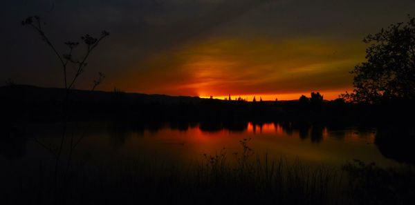 Scenic view of lake at sunset