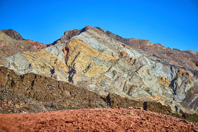 Scenic view of rocky mountains against clear blue sky