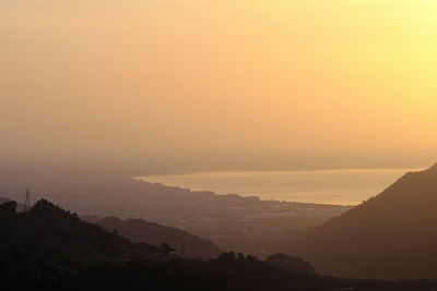 Scenic view of silhouette mountains against sky during sunset