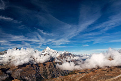 Scenic view of snow covered mountains against sky